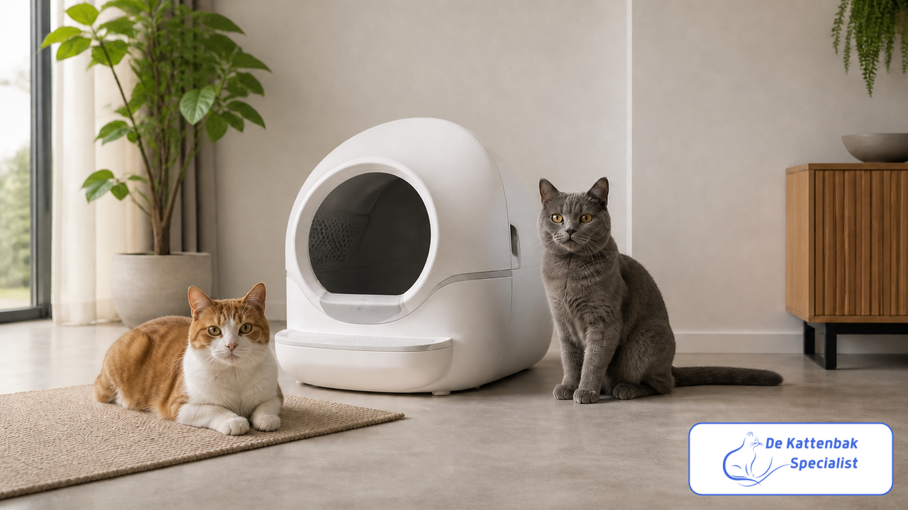 Twee katten bij een moderne automatische kattenbak in een rustig interieur