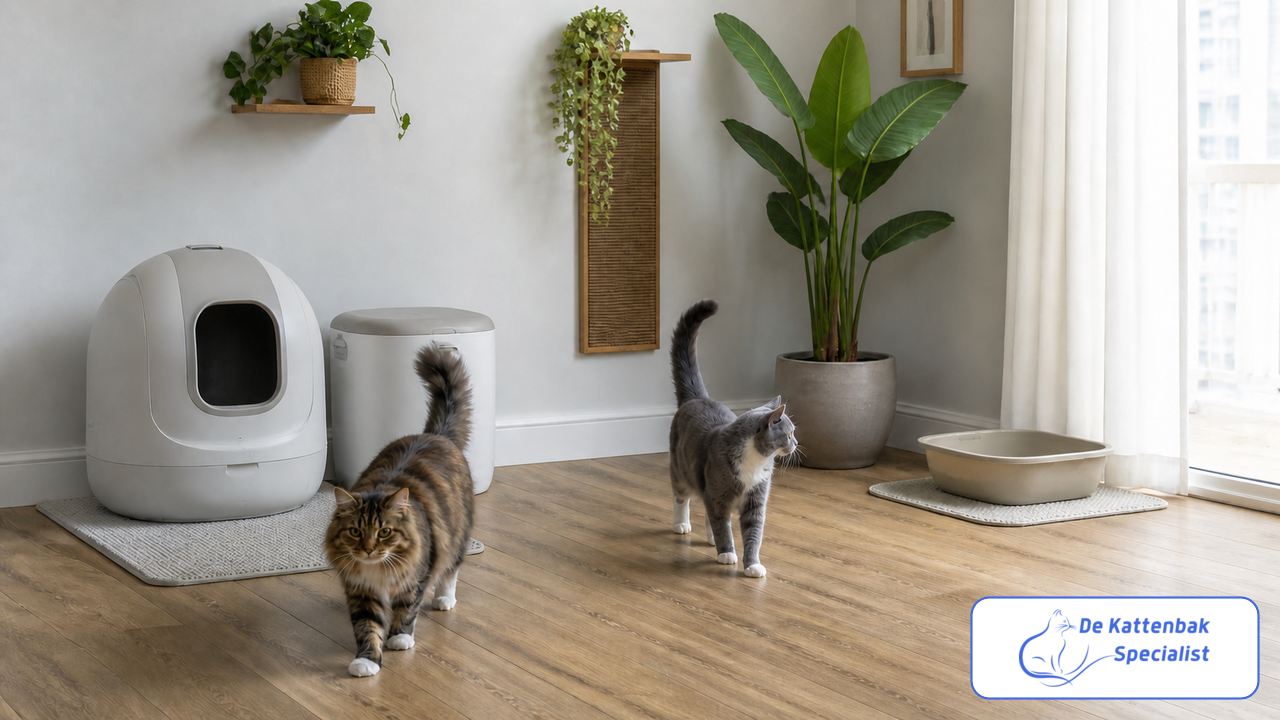 Automatische kattenbak met een gewone reservekattenbak voor twee katten
