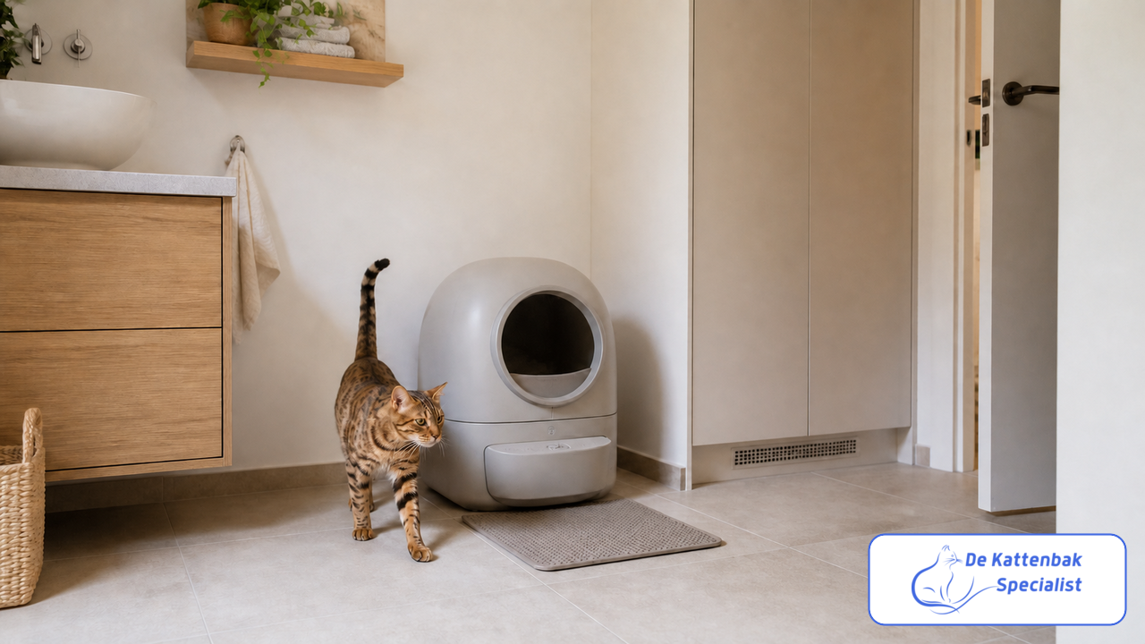 Compacte automatische kattenbak met kattenbakmat in een rustige hoek van een appartement.