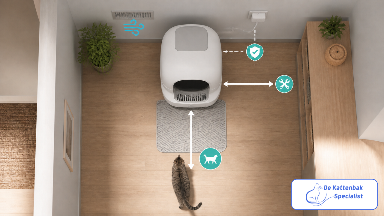 Infografiek met vrije ruimte, onderhoudstoegang en stopcontact bij een automatische kattenbak in een appartement.