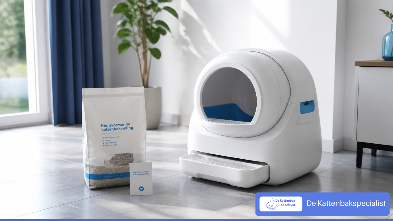 Witte automatische kattenbak met klontvormende kattenbakvulling in een schoon interieur.
