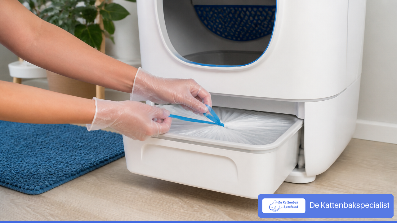 Afvalzak wordt hygiënisch vervangen in de afvallade van een automatische kattenbak
