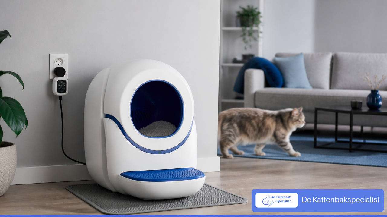 Automatische kattenbak aangesloten op een energiemeter bij een stopcontact.