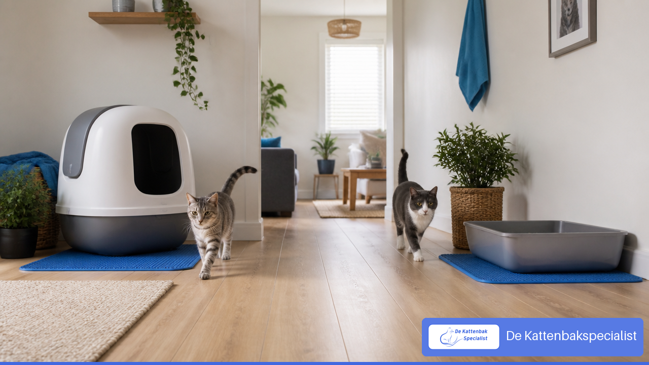 Automatische kattenbak en gewone back up kattenbak op aparte rustige plekken in huis.