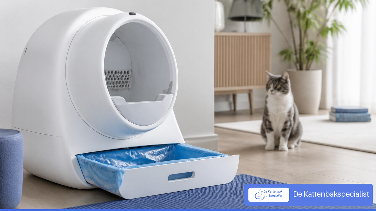 Automatische kattenbak met een passende opvangzak in de uitgetrokken afvalbak.