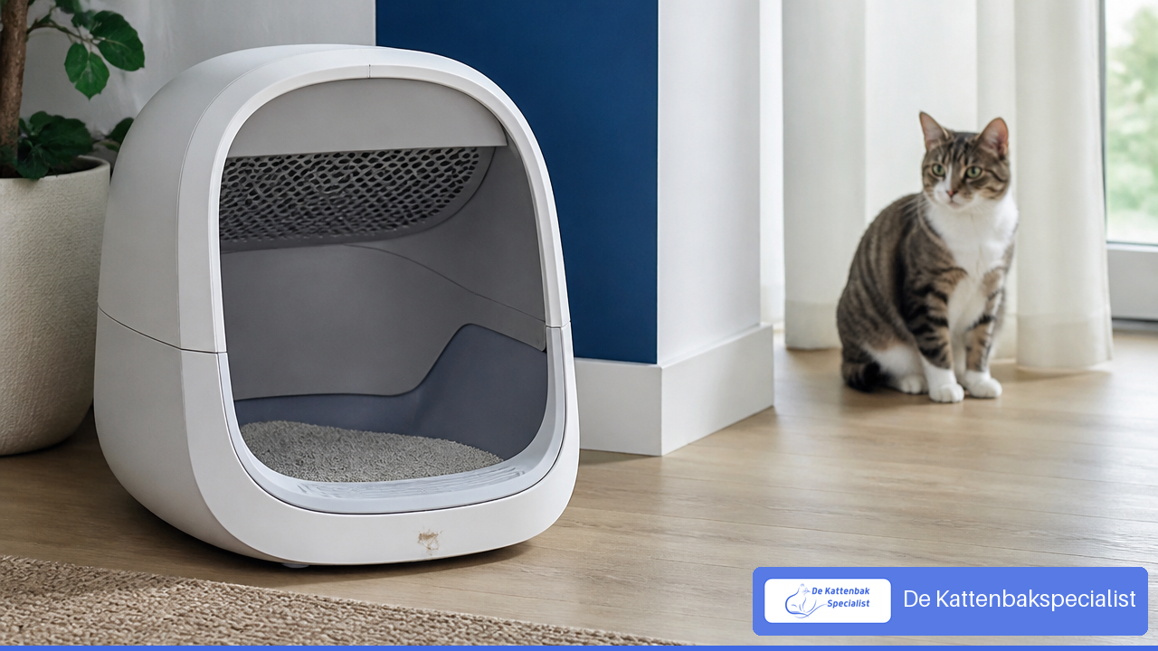 Automatische kattenbak met fijne kattenbakvulling en een kleine aangekoekte plek op de bodem.