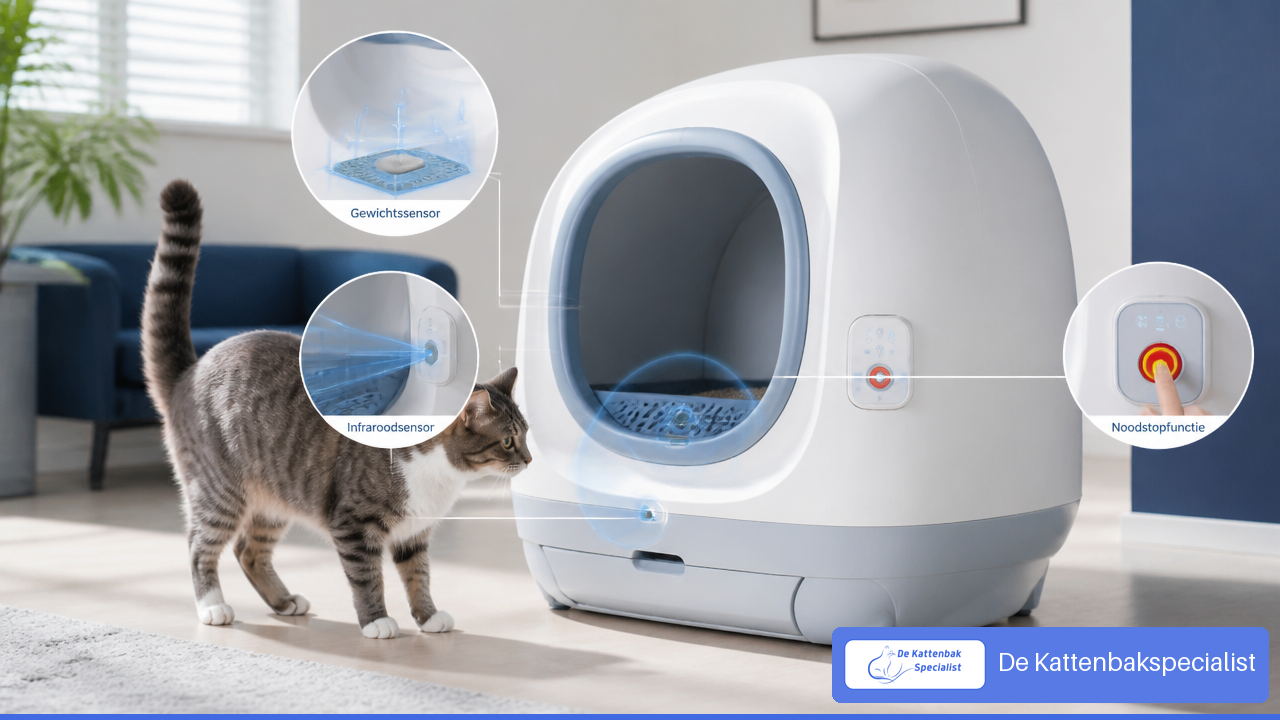 Automatische kattenbak met visuele uitleg van gewichtssensoren en infrarooddetectie.