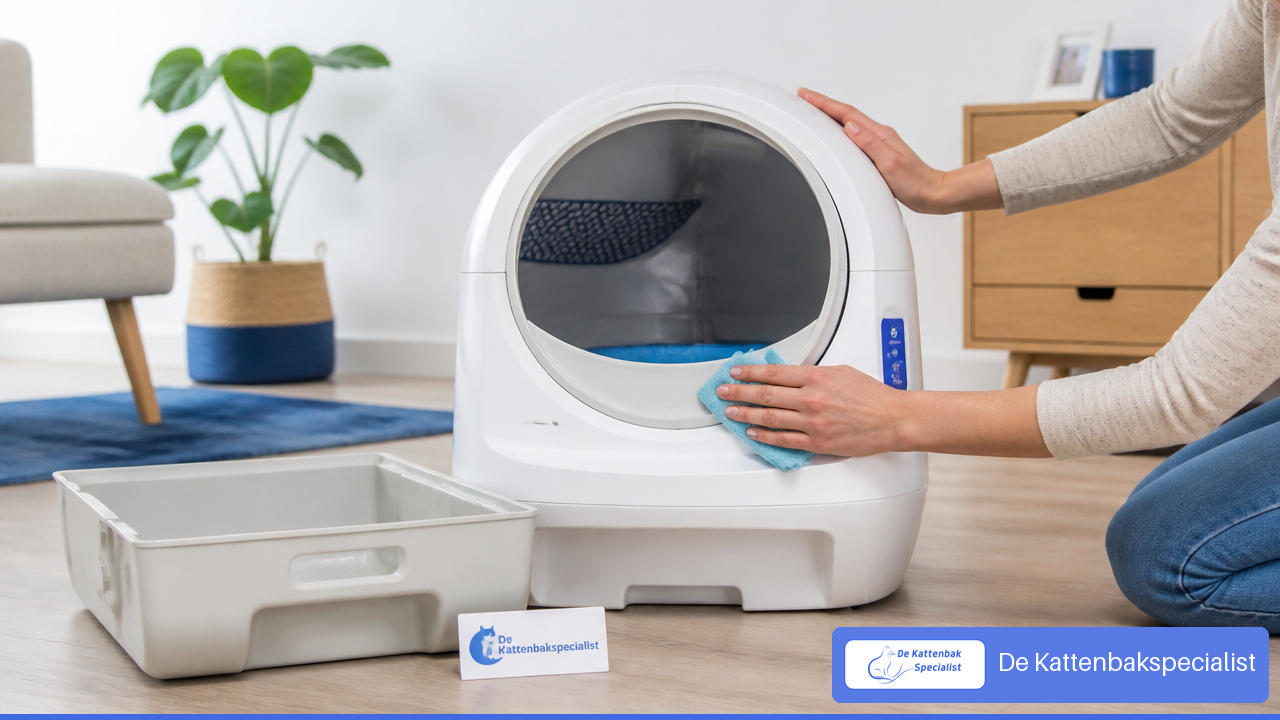Automatische kattenbak veilig schoonmaken met een zachte doek en uitgenomen opvanglade