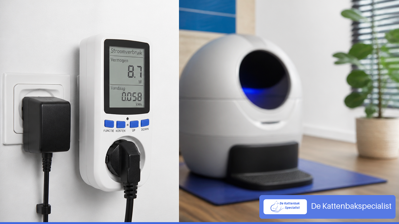 Energiemeter meet het stand-by- en cyclusverbruik van een automatische kattenbak.