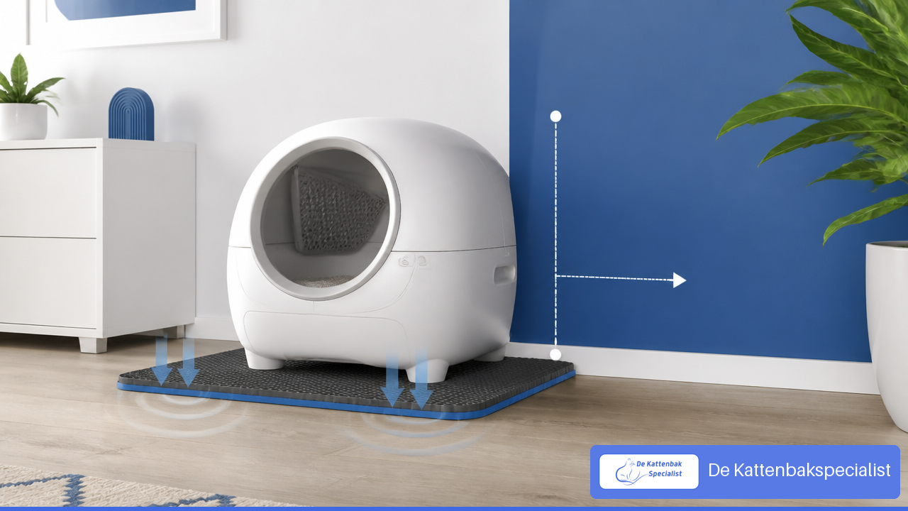 Illustratie van een automatische kattenbak op een rubberen mat voor minder vloertrillingen.
