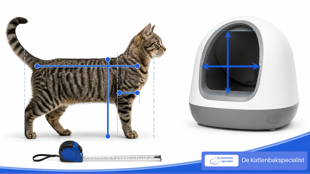 Illustratie van een kat die wordt opgemeten op lichaamslengte, schouderhoogte en rompbreedte voor een zelfreinigende kattenbak