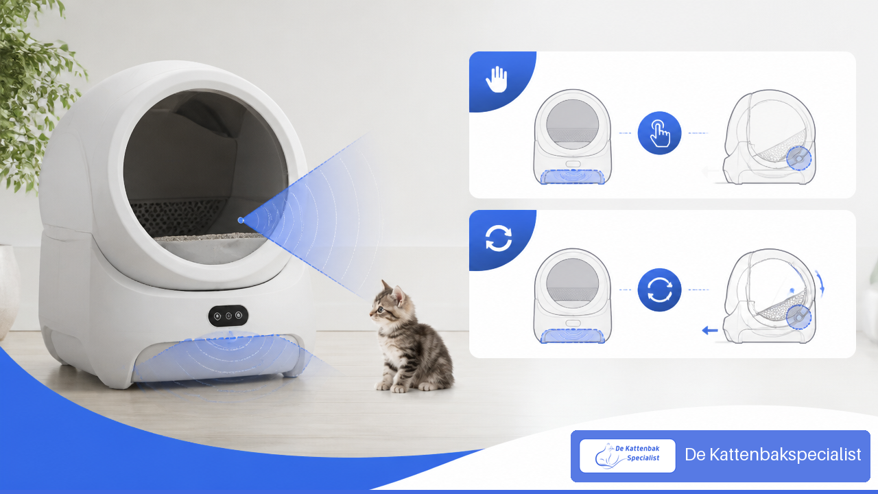 Illustratie van sensoren en veilige handmatige modus bij een automatische kattenbak voor een klein kitten