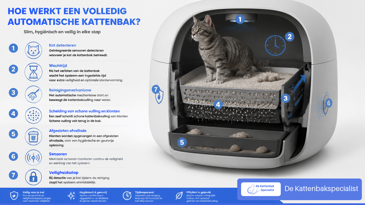 Infographic met sensor, reinigingscyclus en afvallade van een volledig automatische kattenbak