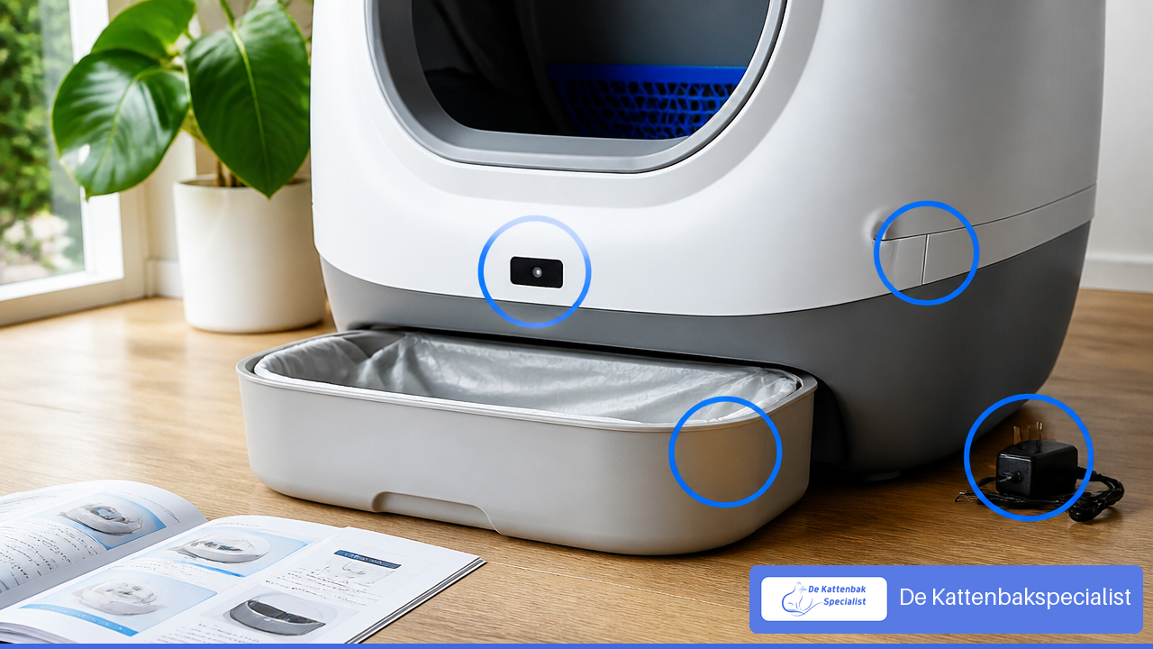 Inspectiepunten van een gebruikte automatische kattenbak met sensor, adapter en afvallade.