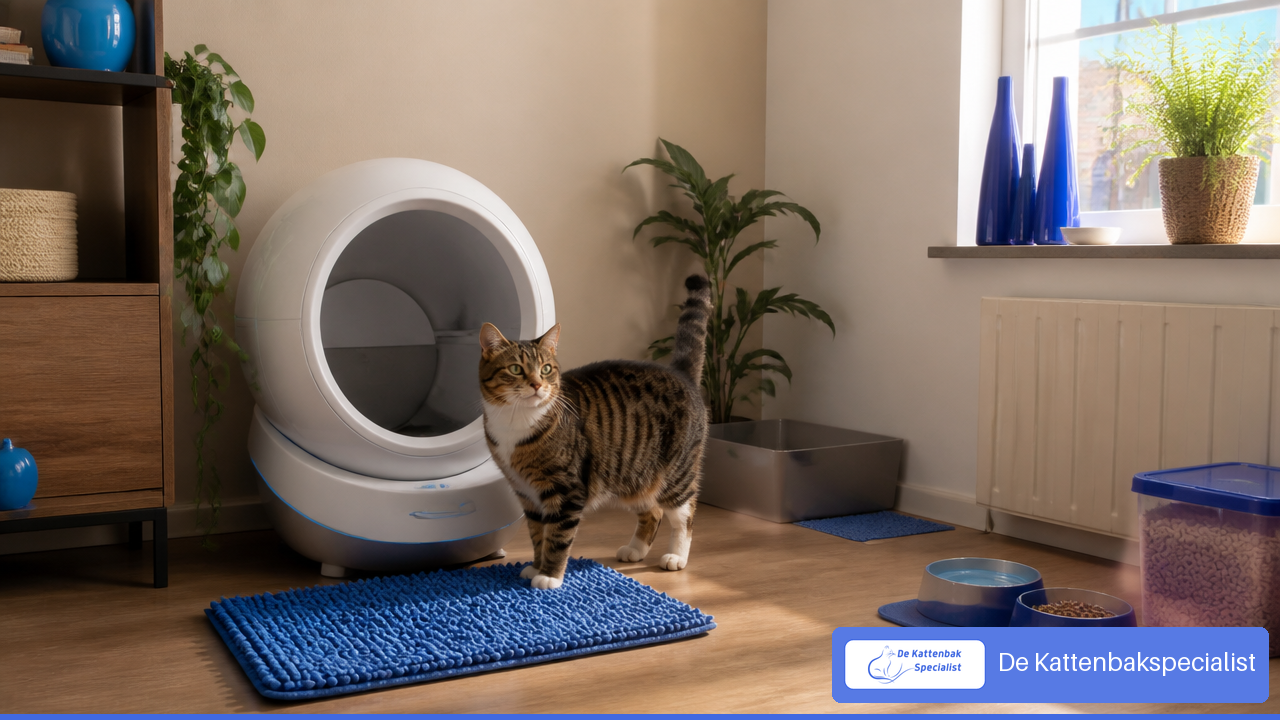 Kat bij een automatische kattenbak met reservebak en waterbakjes in een rustige woonkamer.