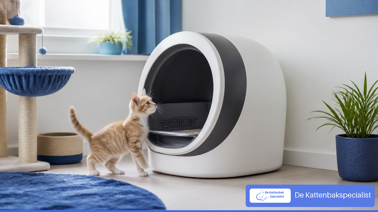 Klein kitten naast een automatische kattenbak met lage instap in een witte en blauwe kattenhoek