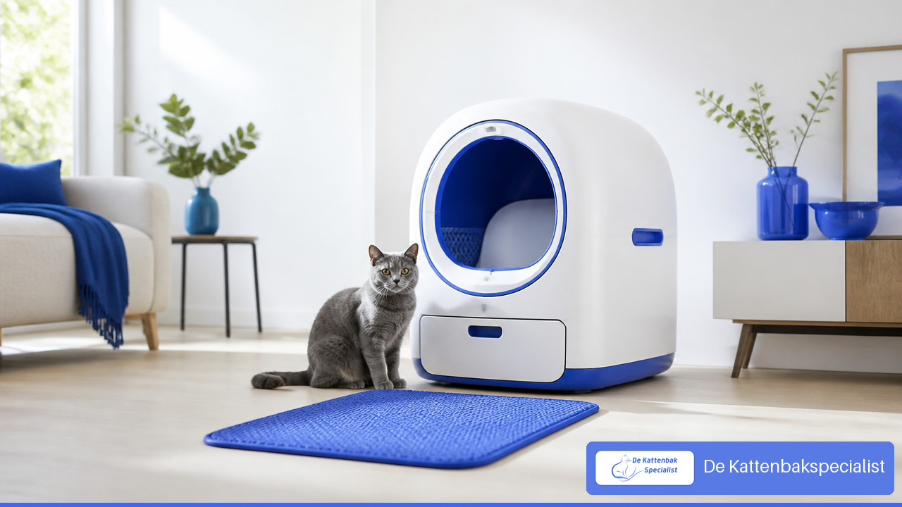 Middelgrote kat naast een ruime wit-blauwe zelfreinigende kattenbak in een rustige woonkamer