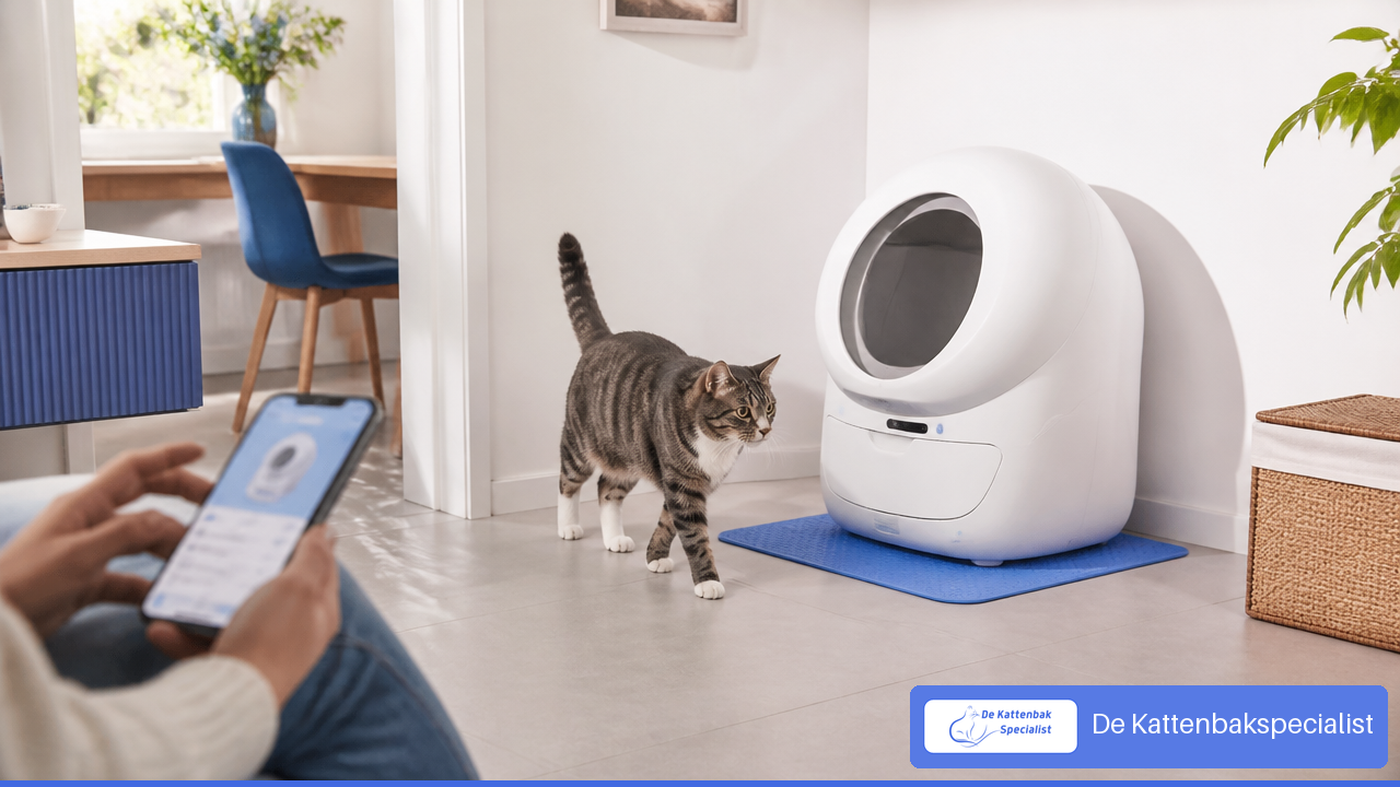 Moderne automatische kattenbak met app-bediening in een lichte woonkamer.