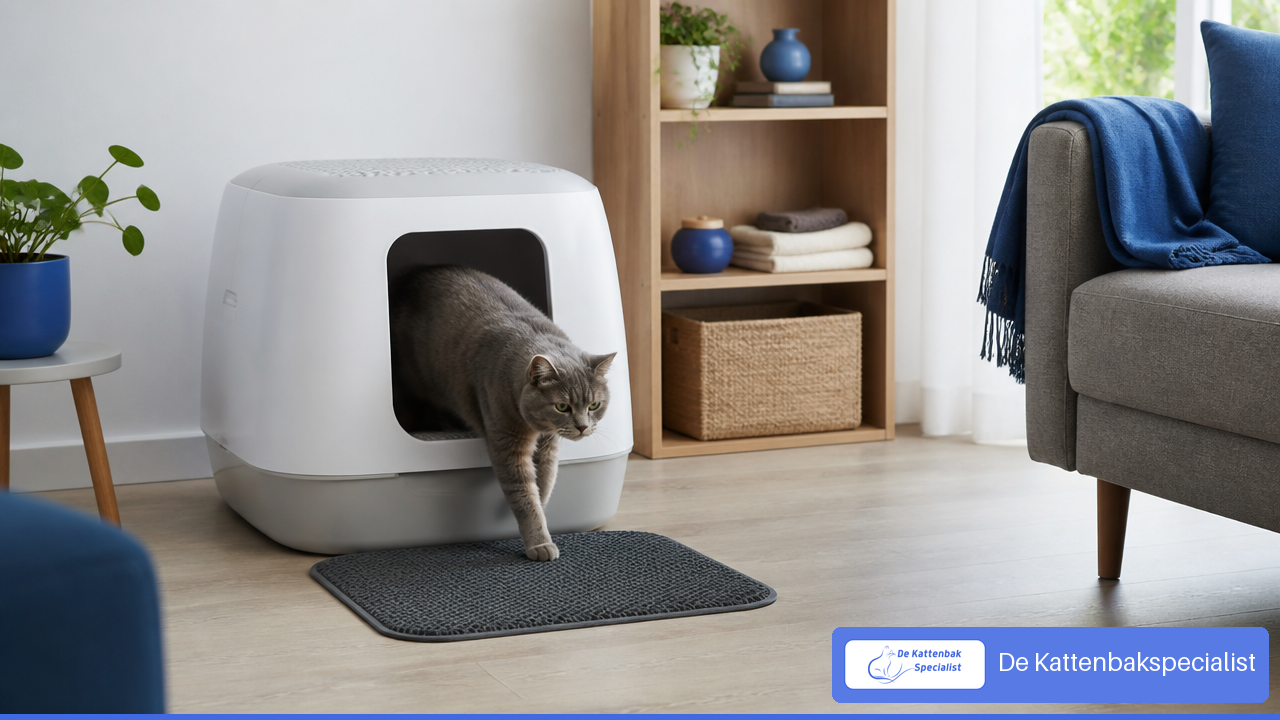 Senior kat loopt via een lage instap in een automatische kattenbak met antislipmat.