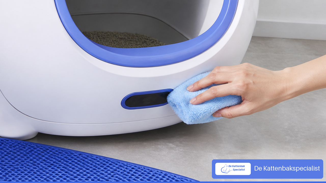 Sensorzone van een automatische kattenbak wordt voorzichtig schoongemaakt met een zachte doek.