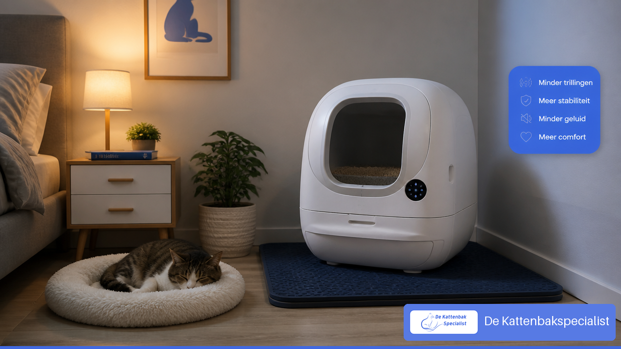 Stille automatische kattenbak op een trillingsdempende mat in een rustige slaapkamerhoek.