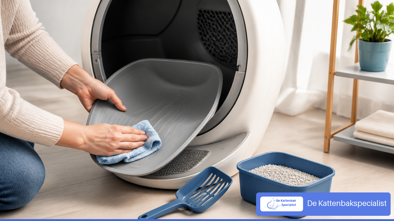 Veilig reinigen van een siliconen bodem in een automatische kattenbak met een zachte doek.