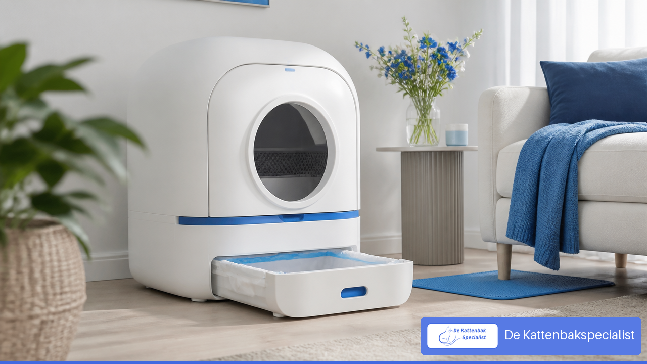 Witte automatische kattenbak met geopende afvallade en afvalzak in een lichte woonkamer