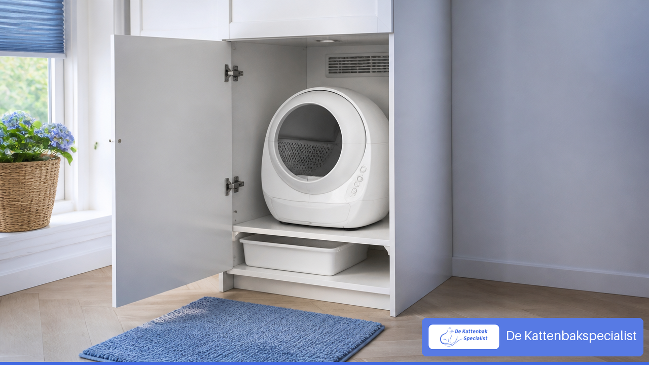Automatische kattenbak in een witte ombouwkast met vrije ruimte en ventilatierooster