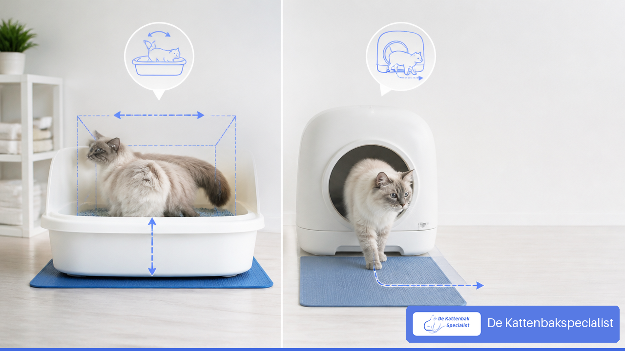 Illustratie van binnenruimte, instaphoogte en vrije uitgang bij automatische kattenbakken