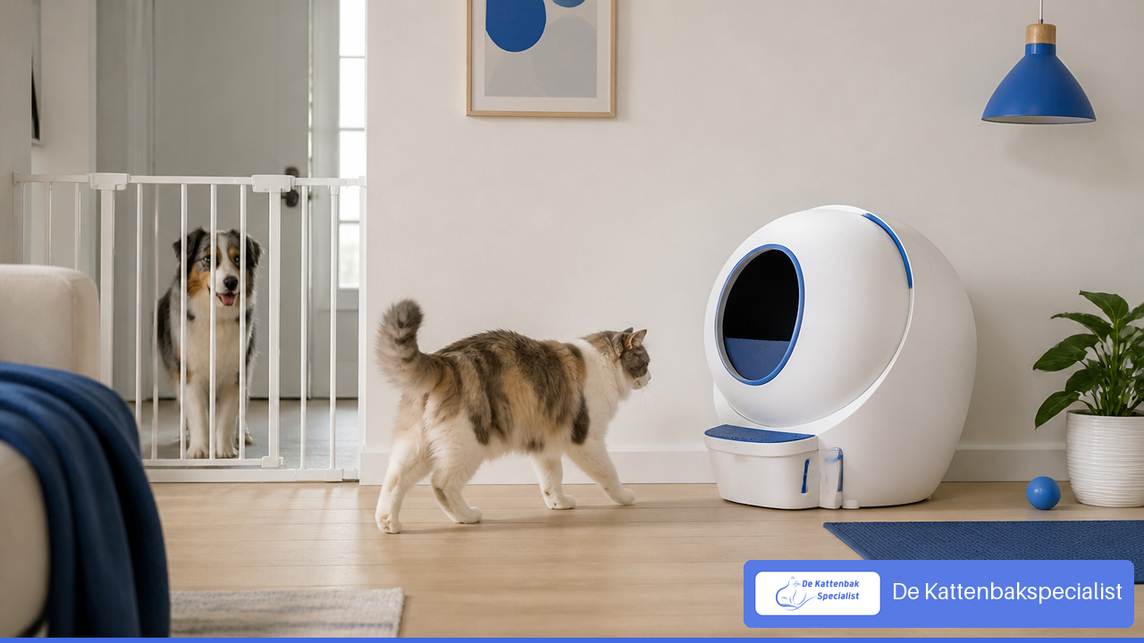 Kat met veilige toegang tot een automatische kattenbak terwijl een hond achter een hekje blijft