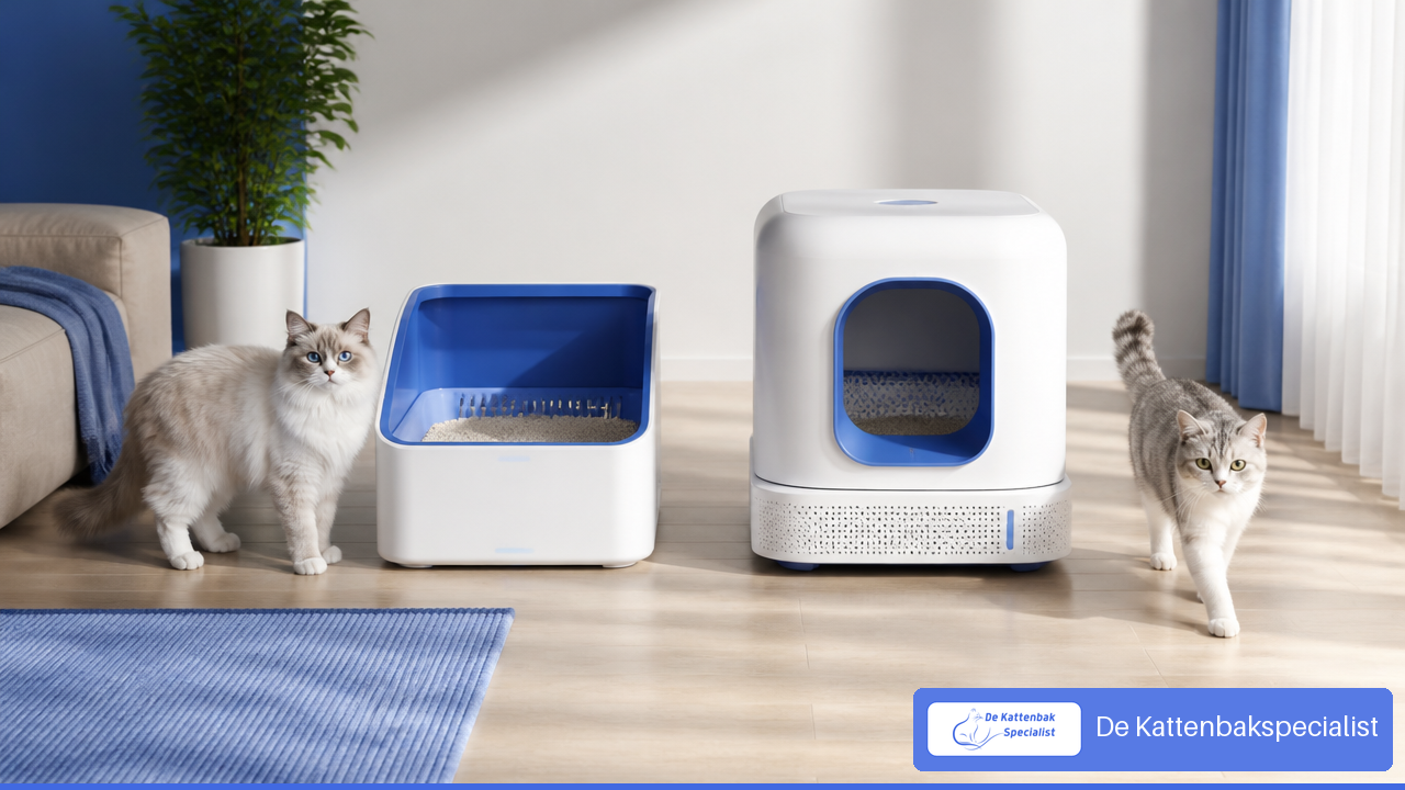 Open en gesloten automatische kattenbak naast elkaar in een lichte woonruimte