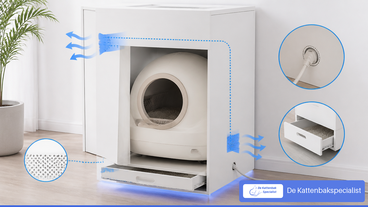 Schema van ventilatie, kabeldoorvoer en afvallade in een ombouwkast voor een automatische kattenbak