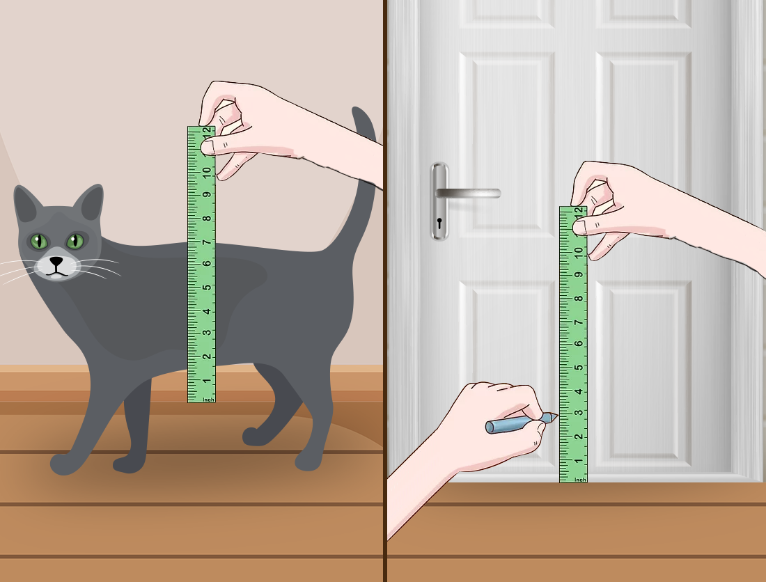 Een kat die door een kattenluik gaat
