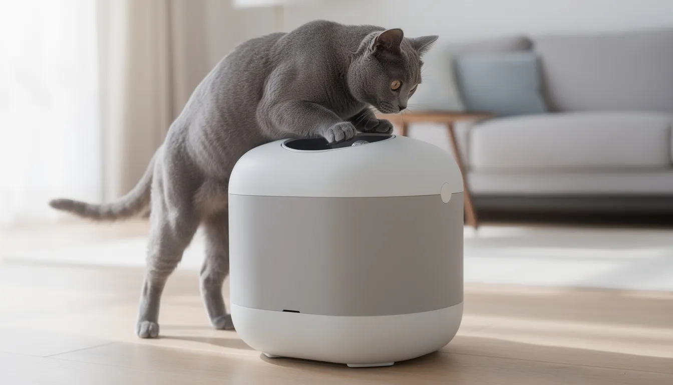 Een kat klimt via de bovenkant in een moderne top-entry kattenbak met hoge zijwanden, wat ideaal is voor zowel grote als kleine katten. De ruime afmetingen en grote opening zorgen ervoor dat jouw kat comfortabel kan gebruikmaken van het kattentoilet, terwijl ongewenste uitwerpselen binnenin blijven.