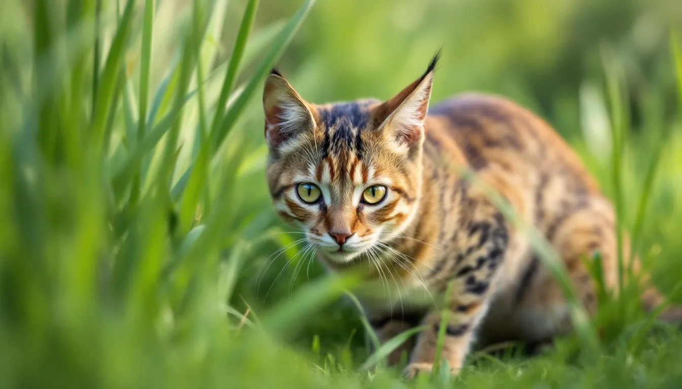 Een jonge kat bevindt zich in jachthouding, met zijn oren gespitst terwijl hij alert luistert naar geluiden in het hoge gras. Deze kat, met zijn goede gehoor, is gefocust op het opmerken van bewegingen en geluiden van mogelijke prooi zoals muizen.