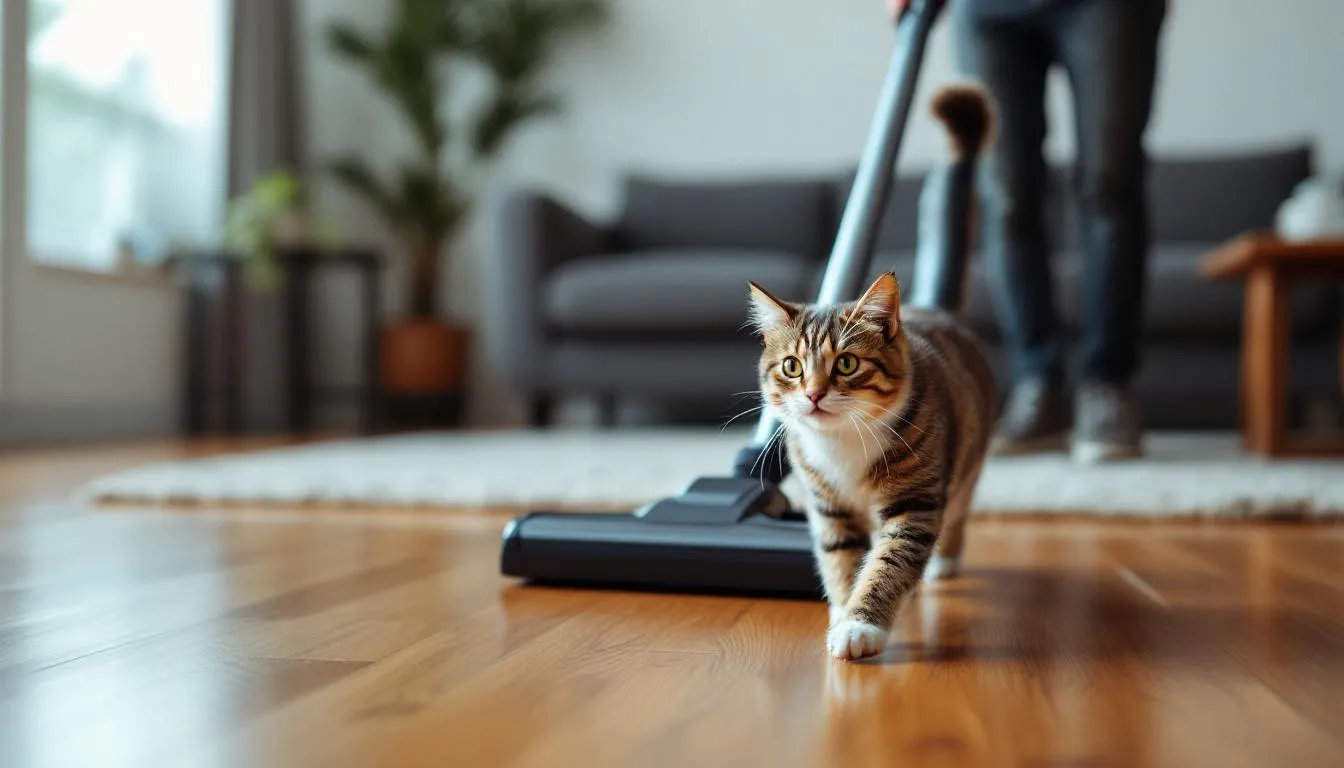 Een jonge kat rent weg van een stofzuiger, terwijl een persoon in de achtergrond stofzuigt. De kat, met zijn gevoelige oren, reageert op het harde geluid van het elektrische apparaat, wat zijn instinctieve schrikreactie oproept.