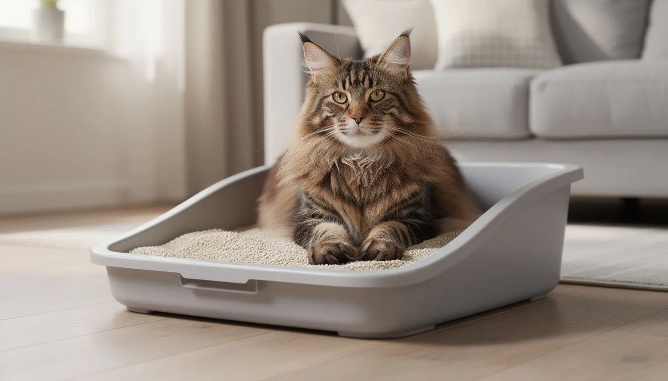 Een grote Maine Coon kat ligt comfortabel in een royale afgemeten kattentoilet met extra hoge zijkanten. De ruime kattenbak, met een grote opening en een slim bedachte deksel, biedt genoeg ruimte voor deze grote kat om zich te verplaatsen zonder ongewenste uitwerpselen te laten hangen.