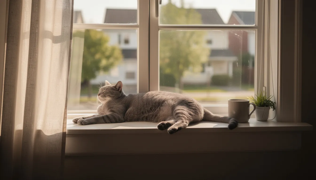 Een ontspannen kat ligt op een vensterbank en kijkt nieuwsgierig naar buiten. De kat heeft een rustige houding en lijkt te genieten van de omgeving, met zijn snorharen en oren in een ontspannen positie.