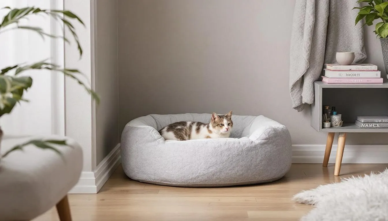 Een comfortabele, lage kattenbed staat in een rustige hoek, met gemakkelijke toegang voor oudere katten. Deze warme slaapplek biedt een veilige ruimte voor een kat met dementie om te rusten en zich op zijn gemak te voelen.