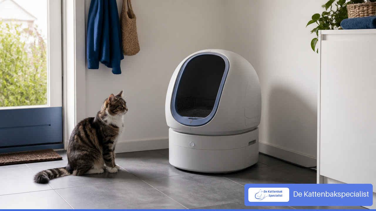 Waar moet een automatische kattenbak staan na installatie?