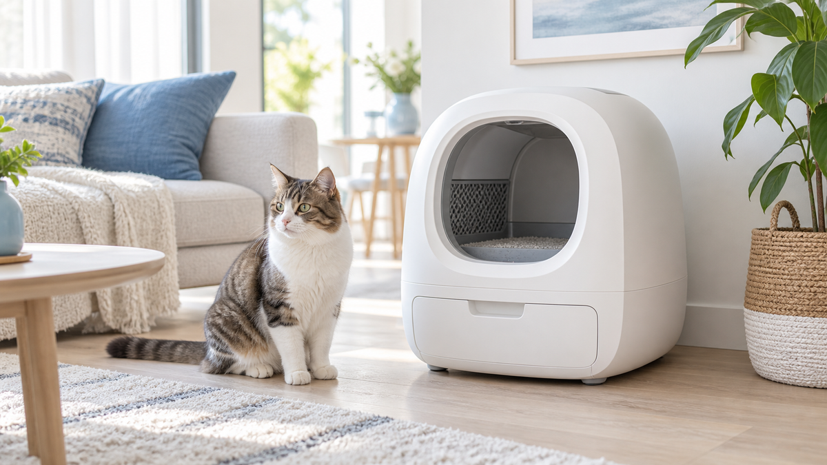 Witte automatische kattenbak met afgesloten afvallade in een lichte woonkamer, naast een rustige kat