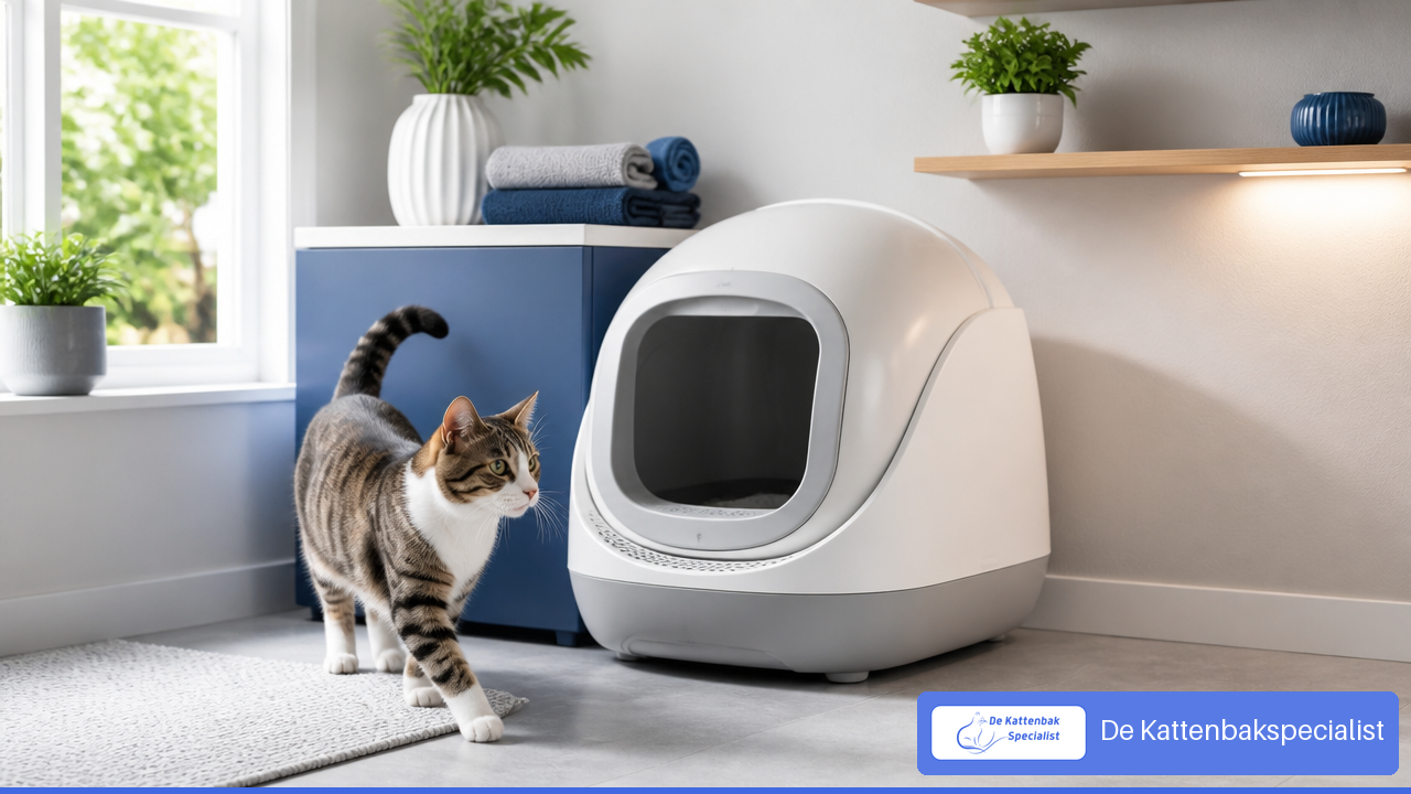 Volwassen kat bij een wit-blauwe volledig automatische kattenbak
