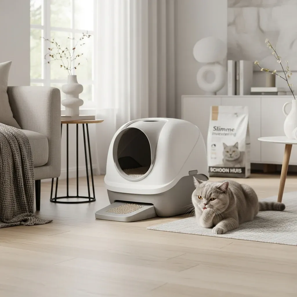 Een serene, moderne woonkamer met een strakke, zelfreinigende kattenbak en een rustige kat, die de vraag "Is een Automatische Kattenbak het Geld Waard? Een Eerlijke Kostenanalyse (2025)" visu