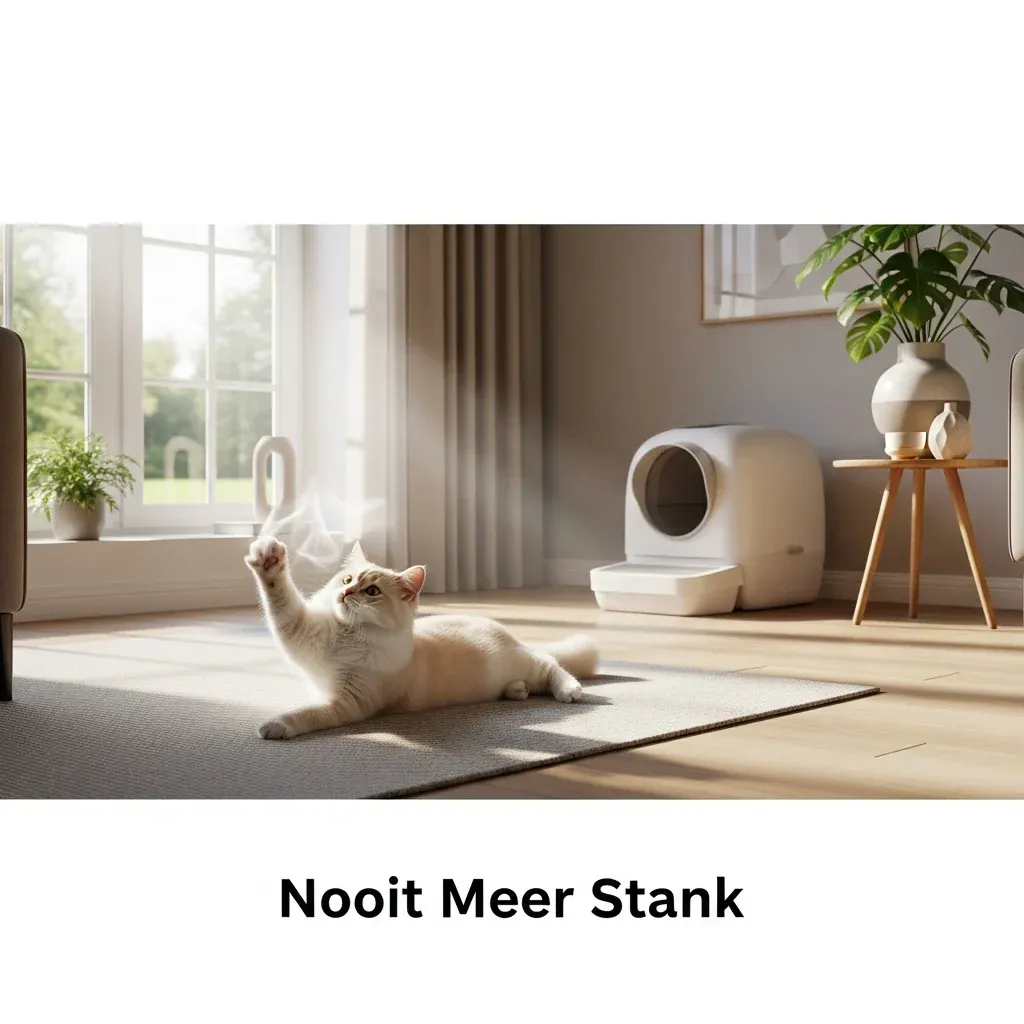 Een fluffy kat speelt in een lichte, schone woonkamer met een moderne automatische kattenbak op de achtergrond, illustrerend hoe een automatische kattenbak minder stinkt en zorgt voor effecti