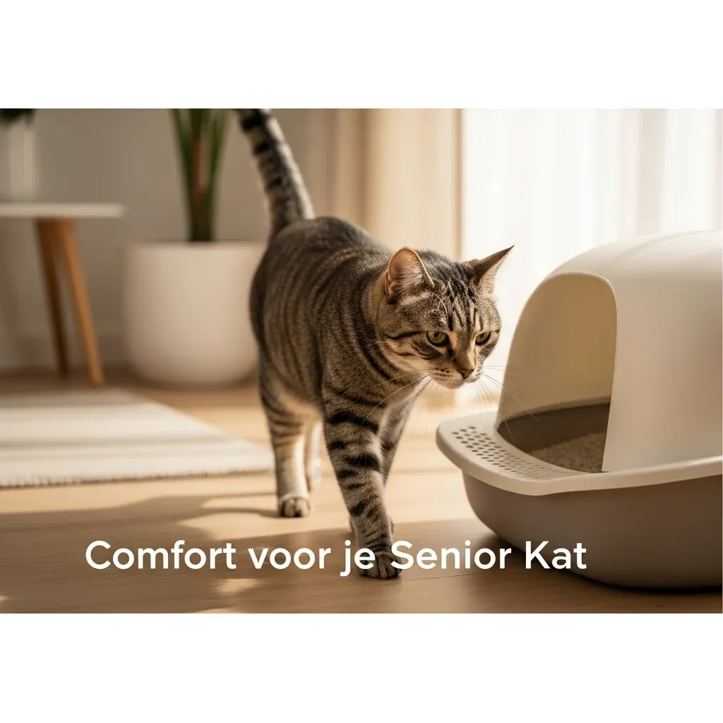 Een serene, oudere kat stapt comfortabel in een moderne, lage instap kattenbak in een schone omgeving. De afbeelding illustreert de oplossing voor het probleem "Help, Mijn Oude Kat Plast Naas