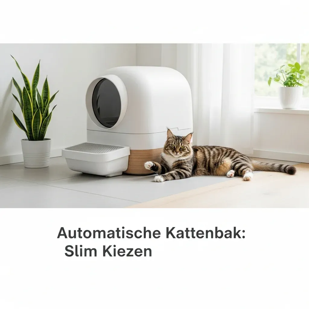 A sleek, modern automatic litter box in a clean, bright home environment, with a relaxed cat nearby. The image visually represents the convenience and hygiene discussed in the article "Automa