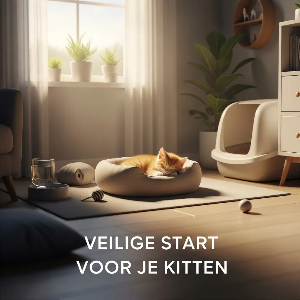 A small, fluffy ginger kitten sleeping peacefully in a clean, cozy safe room with a modern litter box, illustrating the 'Safe Room' methode for introducing a new kitten to prevent stress and 