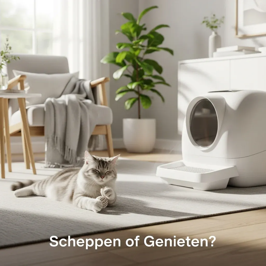Afbeelding van een serene, moderne woonkamer met een blije kat naast een strakke automatische kattenbak, met de headline "Scheppen of Genieten?". Illustreert de vergelijking tussen automatisc