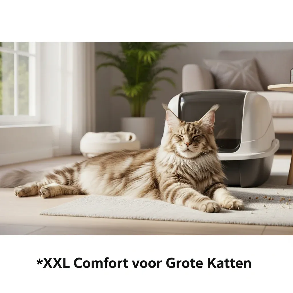 Een majestueuze Maine Coon kat strekt zich comfortabel uit naast een ruime, moderne XXL kattenbak in een lichte woonkamer, illustrerend de gids over de juiste kattenbak voor grote rassen zoal