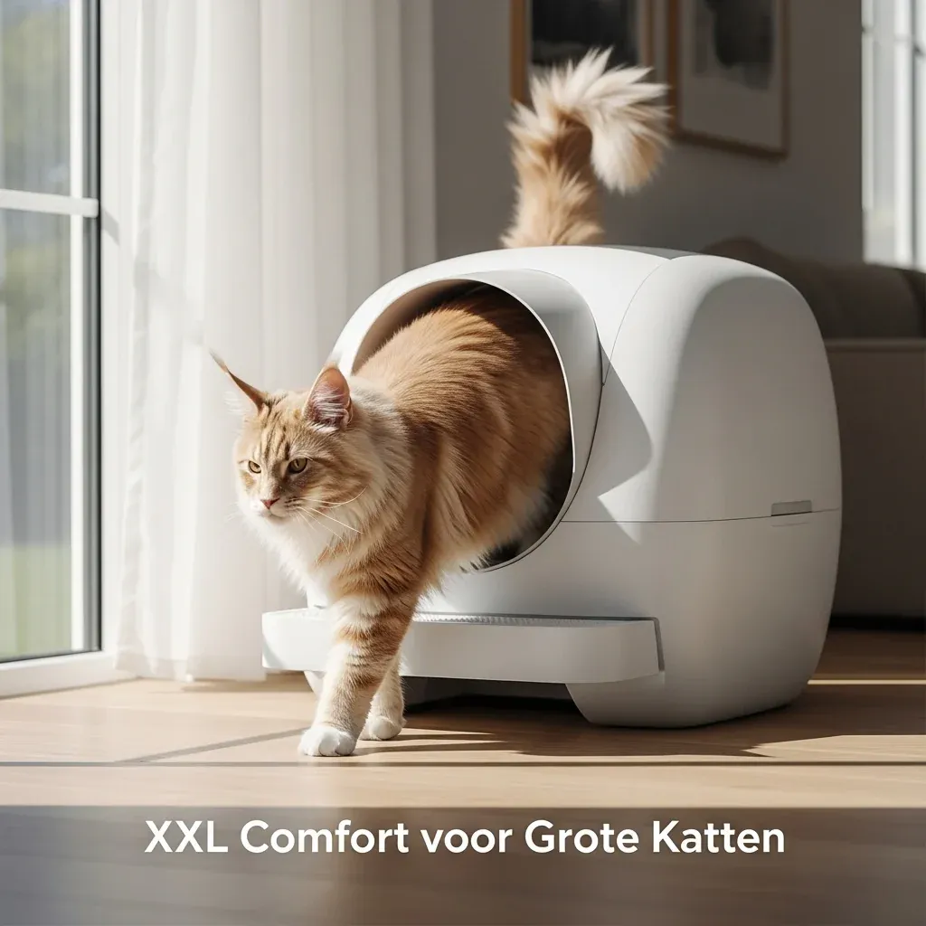 Een majestueuze Maine Coon kat stapt comfortabel uit een ruime, moderne XXL automatische kattenbak in een schone, lichte woonkamer, illustrerend "De Beste Automatische Kattenbak voor Maine Co